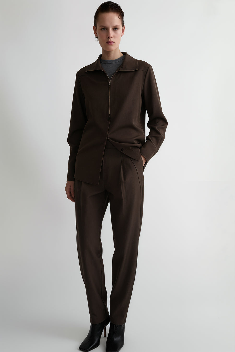 High Neck Full Zip Top - Brown