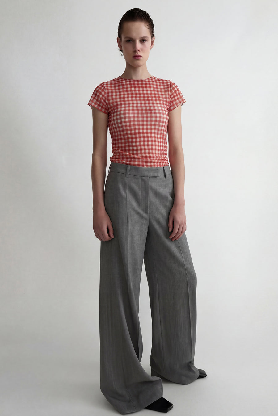 Sheer Gingham Ruched Top - Red