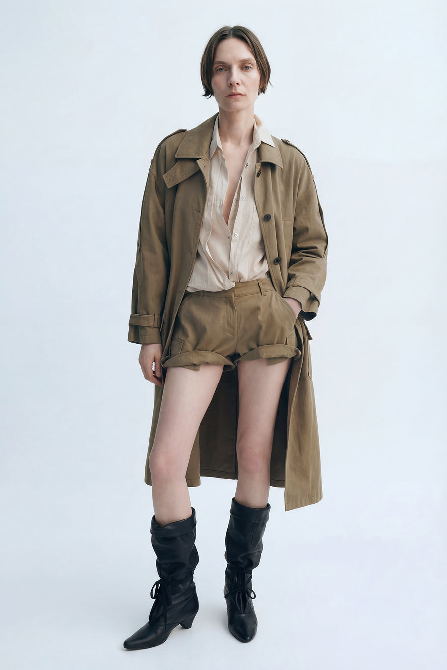 Khaki Utility Shorts with Cuffed Hem
