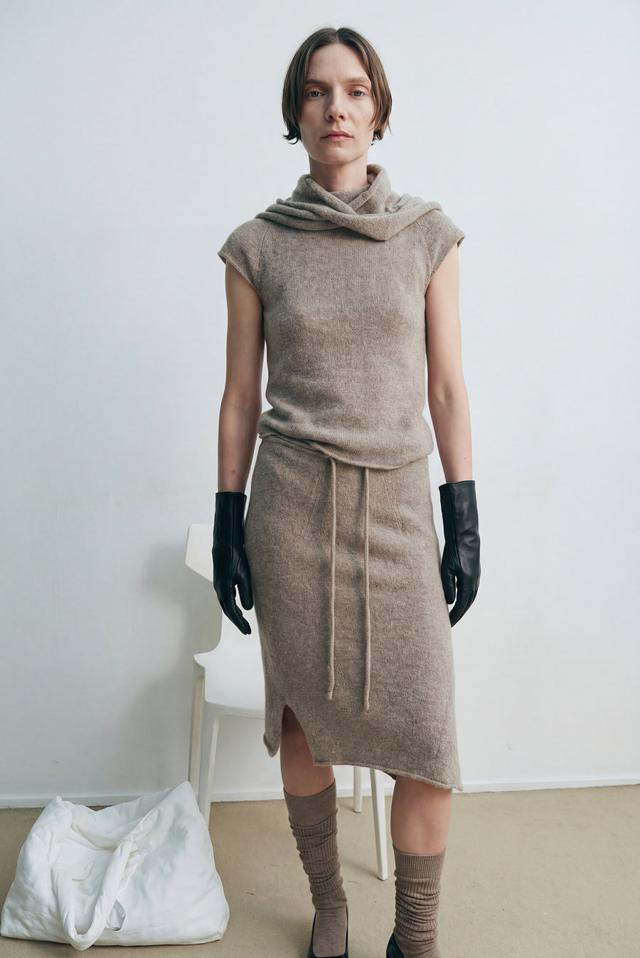 Knit Midi Skirt with Side Slit - Beige