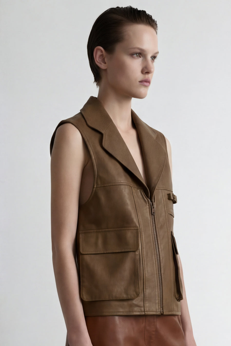 Leather Utility Vest - Brown