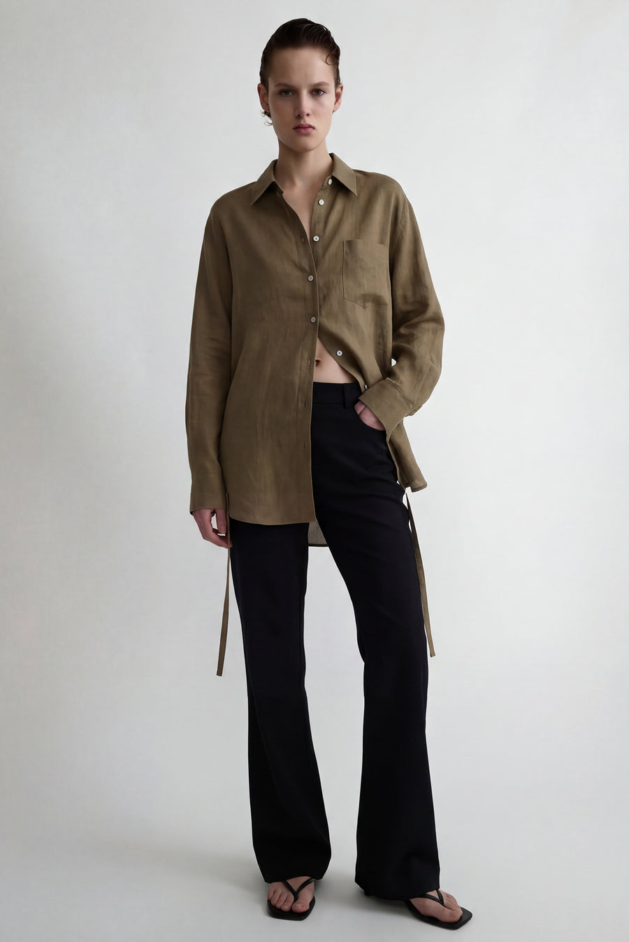 Linen Long Sleeve Button Up Flow Blouse - Khaki/Olive