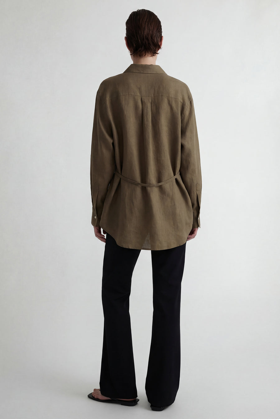 Linen Long Sleeve Button Up Flow Blouse - Khaki/Olive