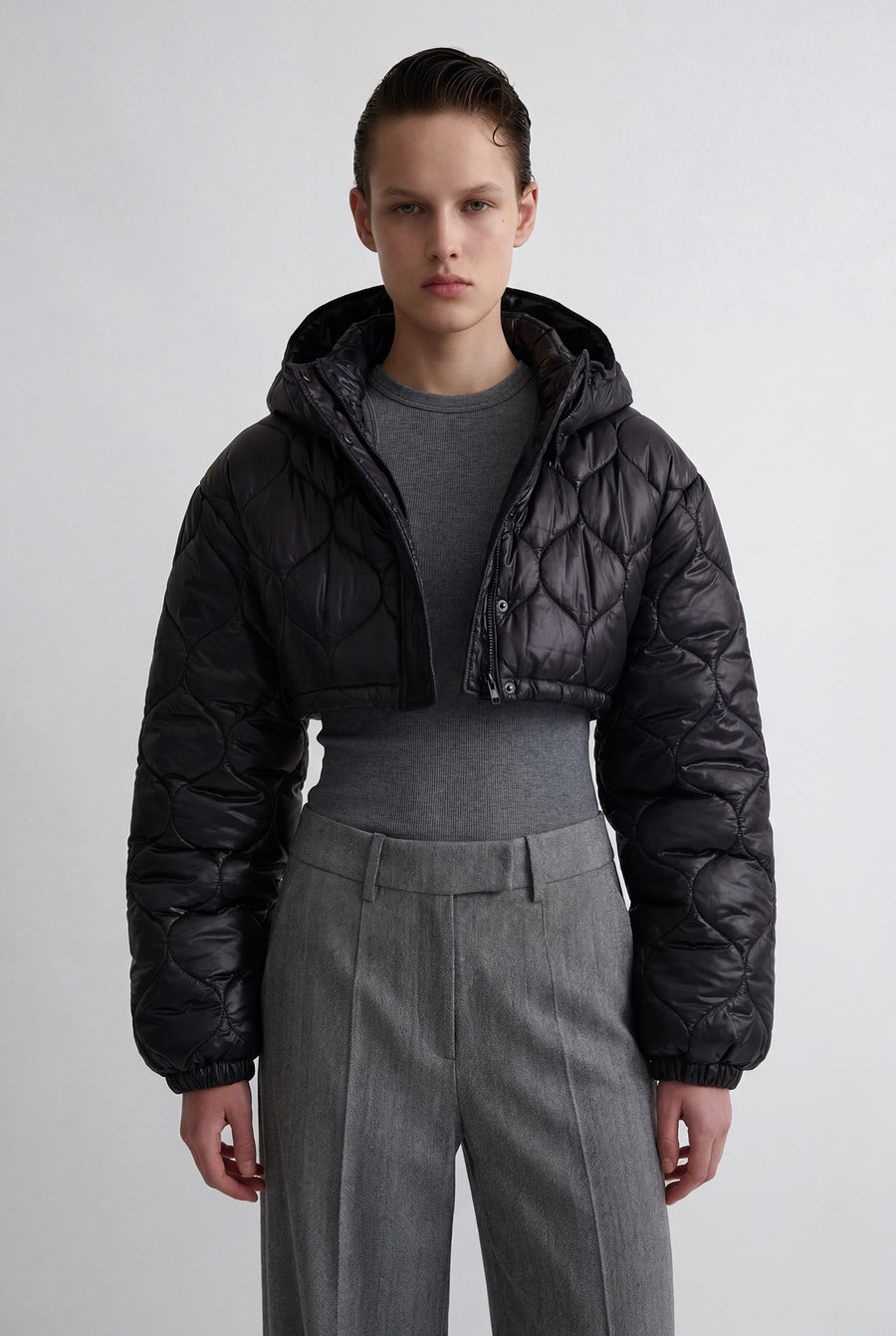 Hooded Crop Quilted Jacket - Brown