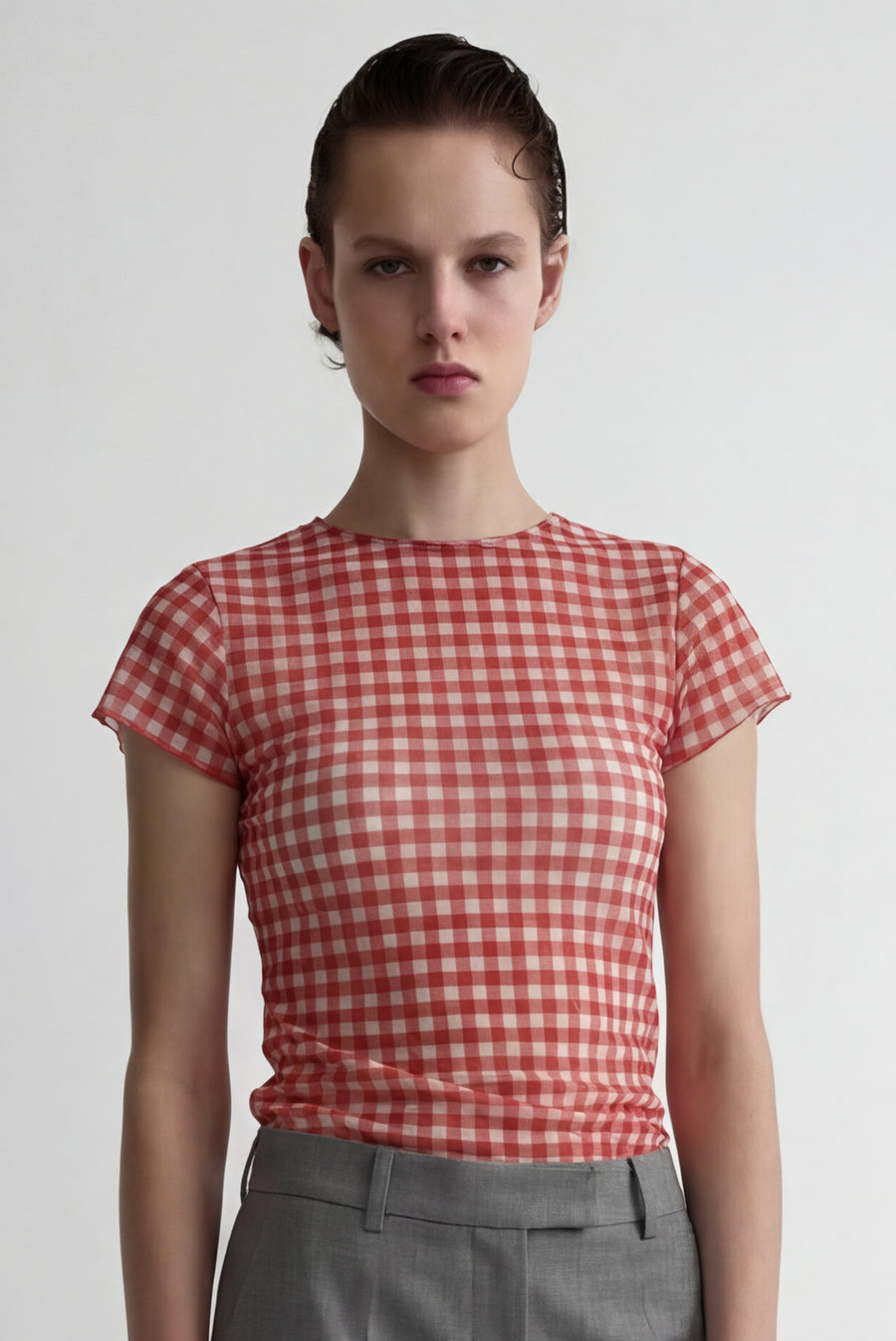 Sheer Gingham Ruched Top - Red