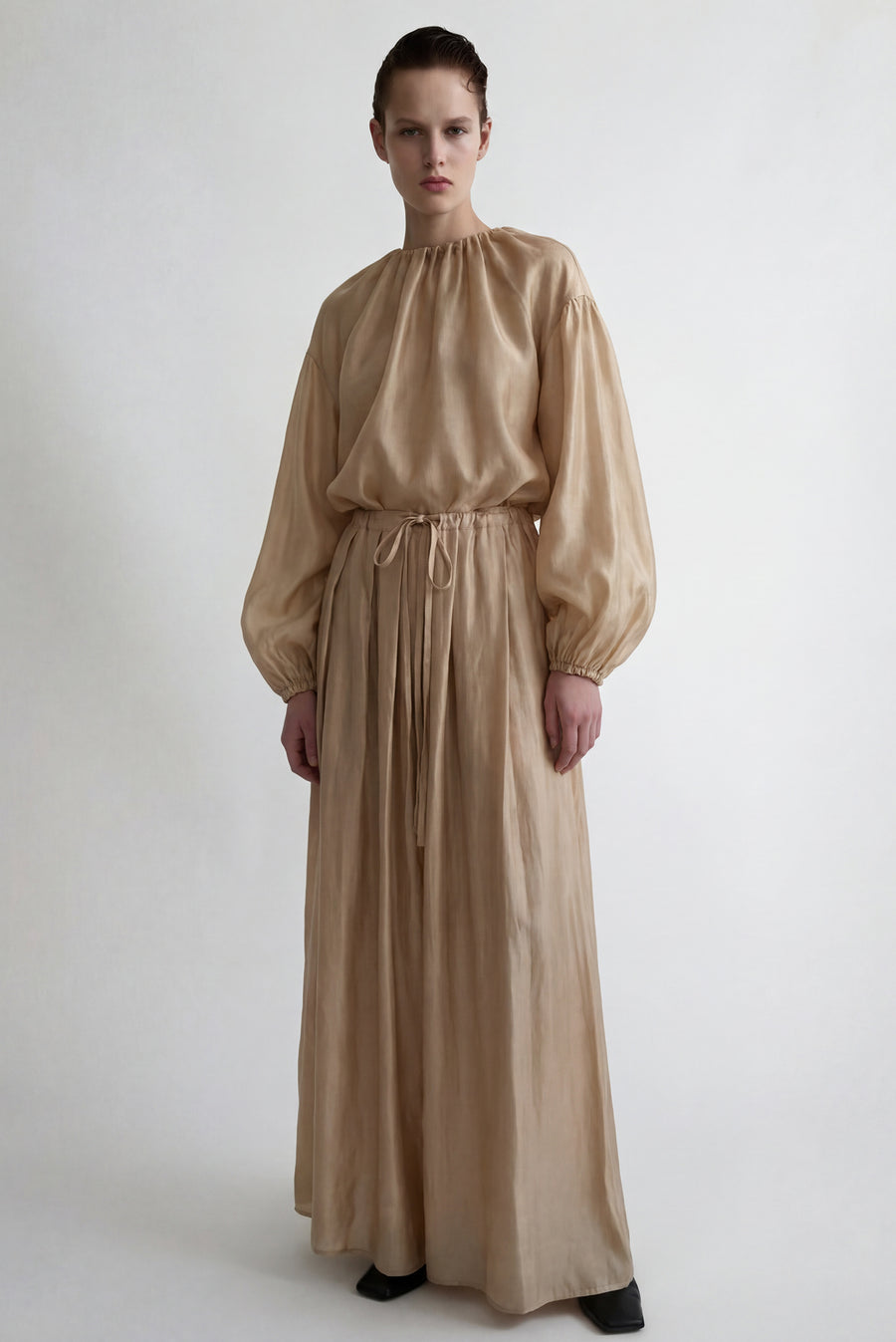 Sheen High-Waisted A Line Flow Skirt - Beige