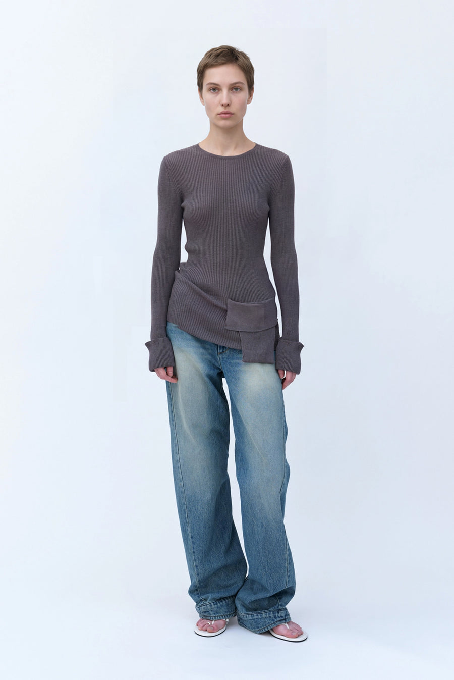 Ribbed Pocket Knit Long Sleeve Top - Gray