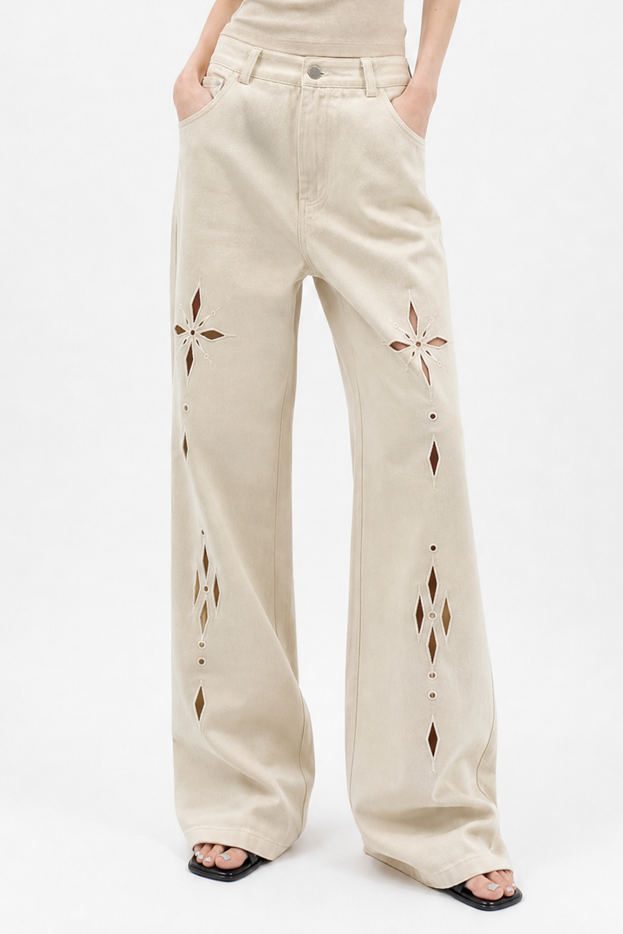 Star Cutout Wide-Leg Denim Trousers