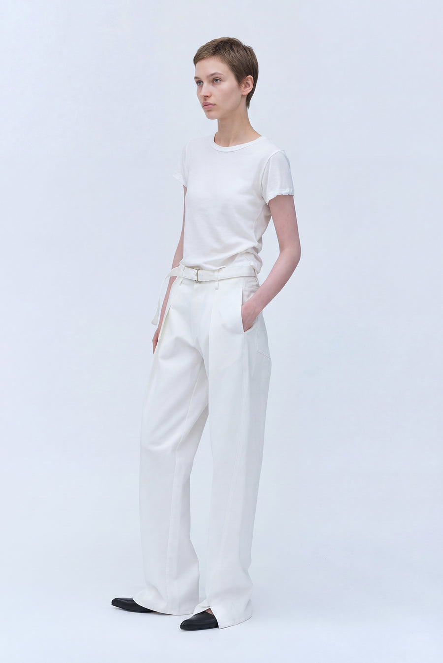 Belted Straight-Leg Pants - White