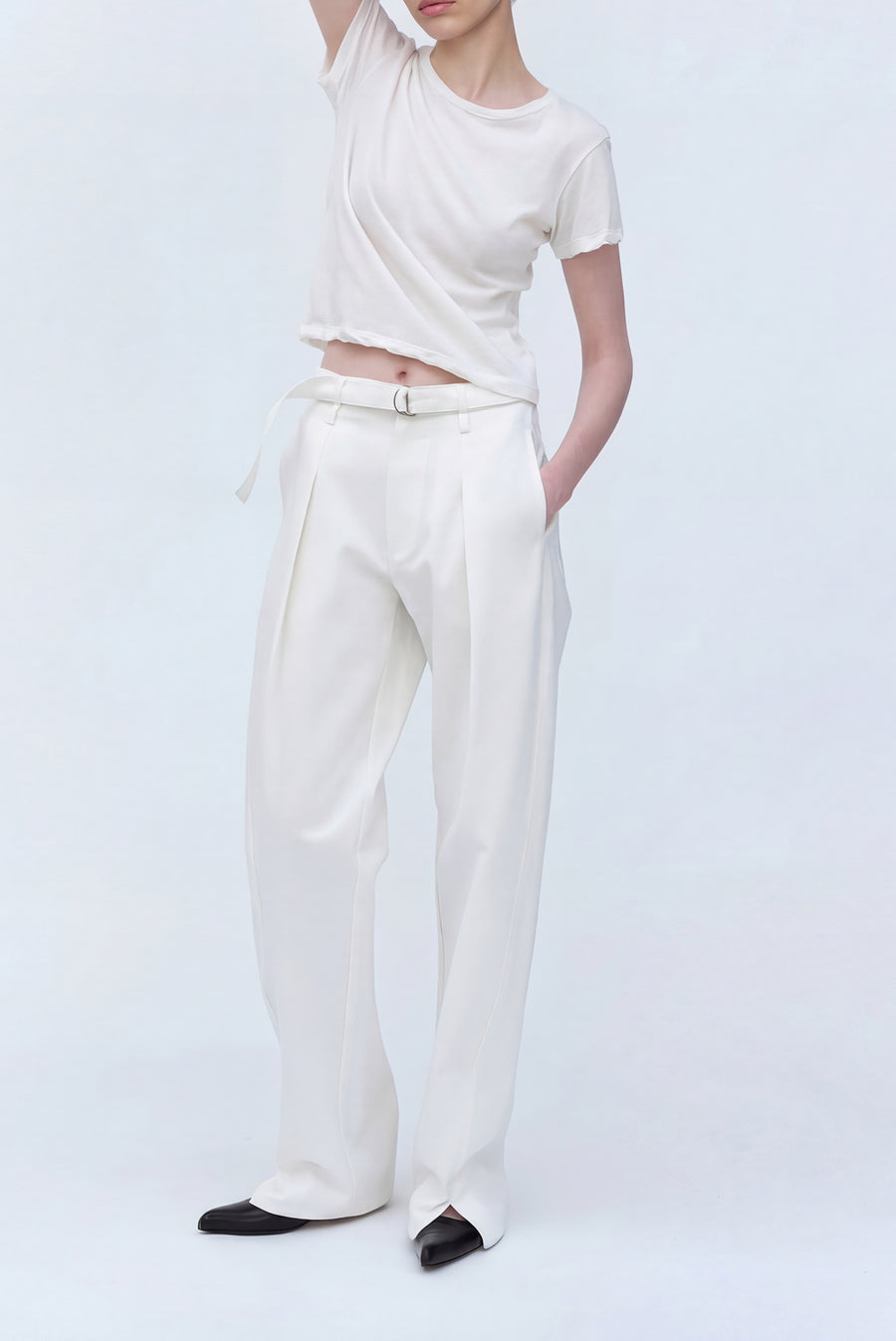 Belted Straight-Leg Pants - White