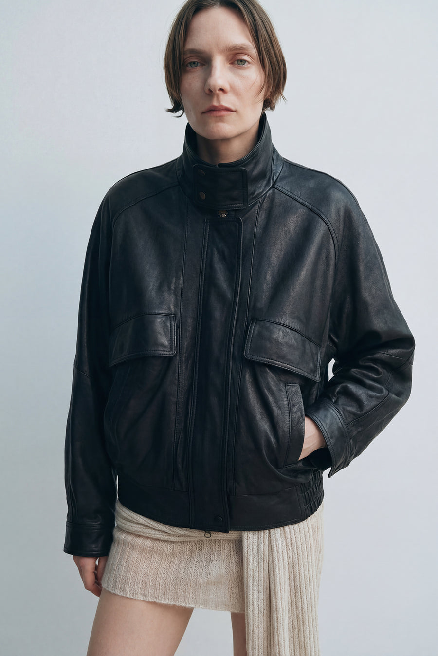 Oversized Moto Leather Jacket With Pockets
