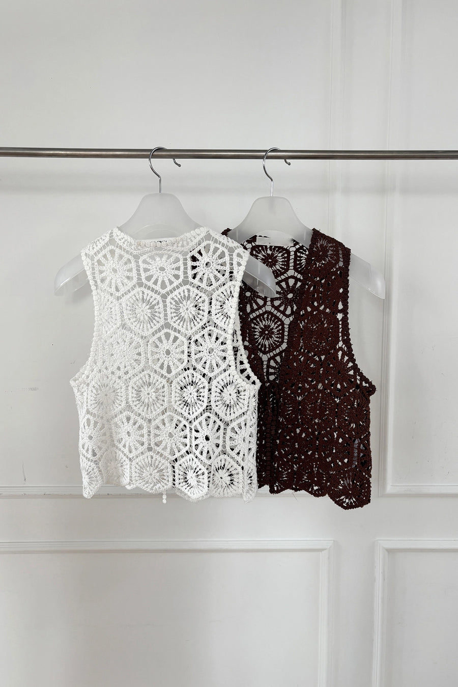 Open-Weave Crochet Front-Tie Vest - Ivory