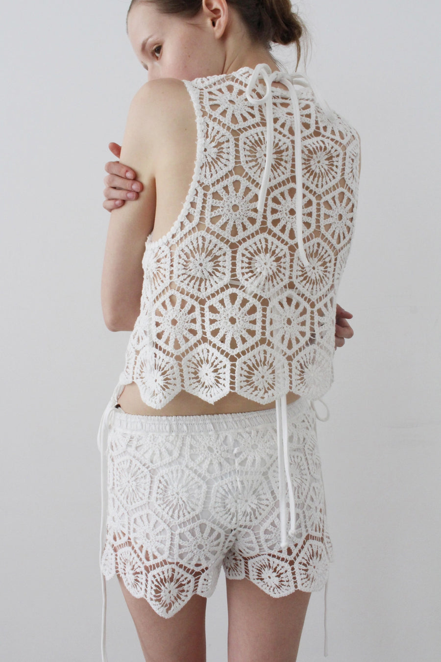 Open-Weave Crochet Front-Tie Vest - Ivory