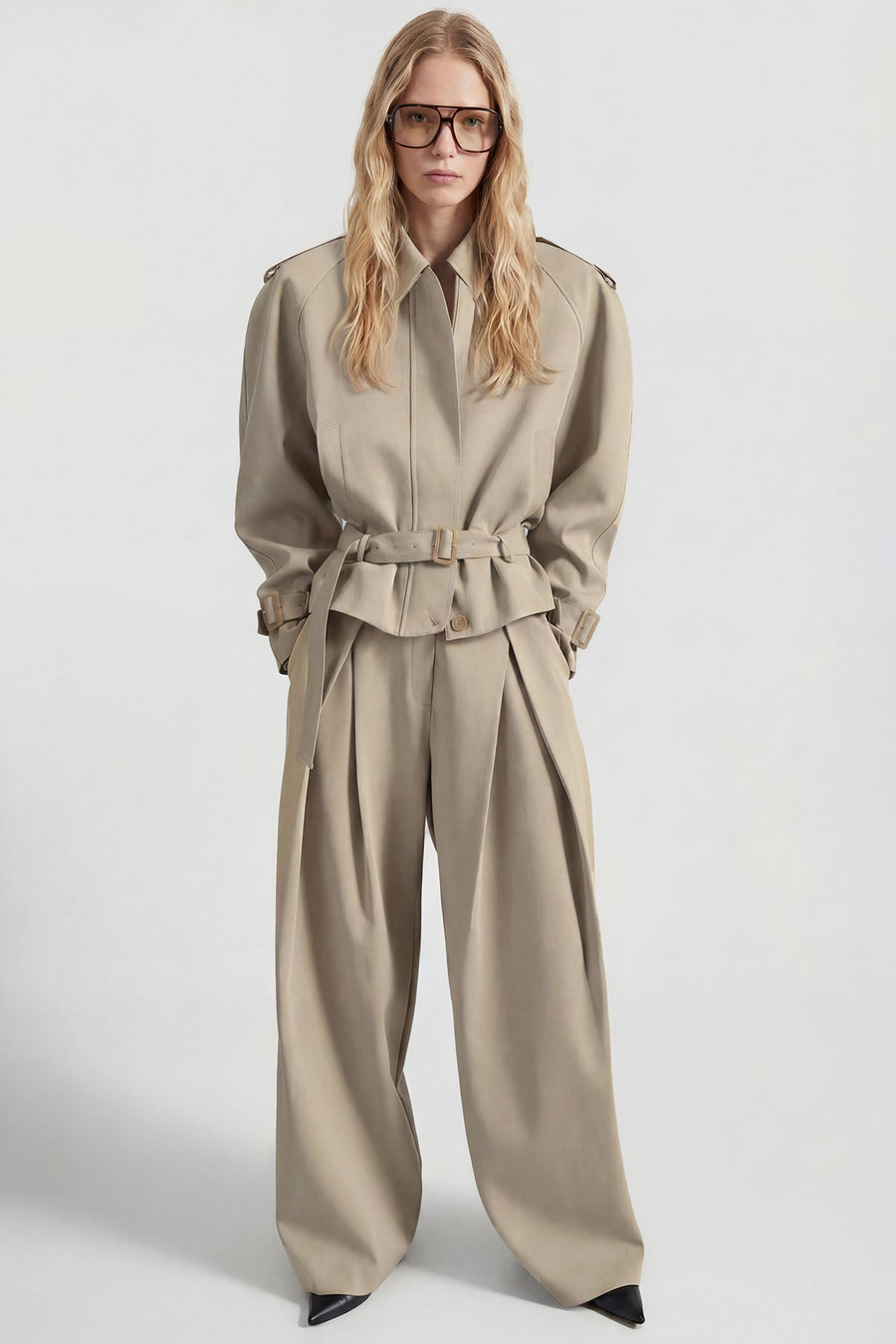 Wide Leg Reverse Pleat Trouser - Beige