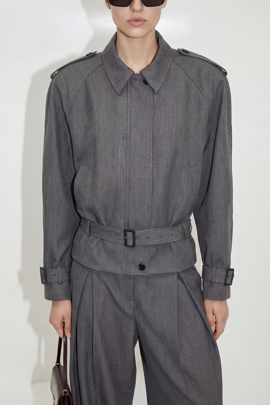Cropped Belted Trench Jacket - Gray