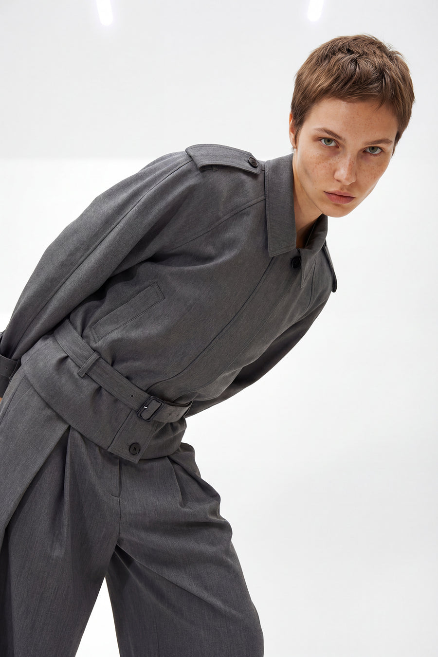 Cropped Belted Trench Jacket - Gray