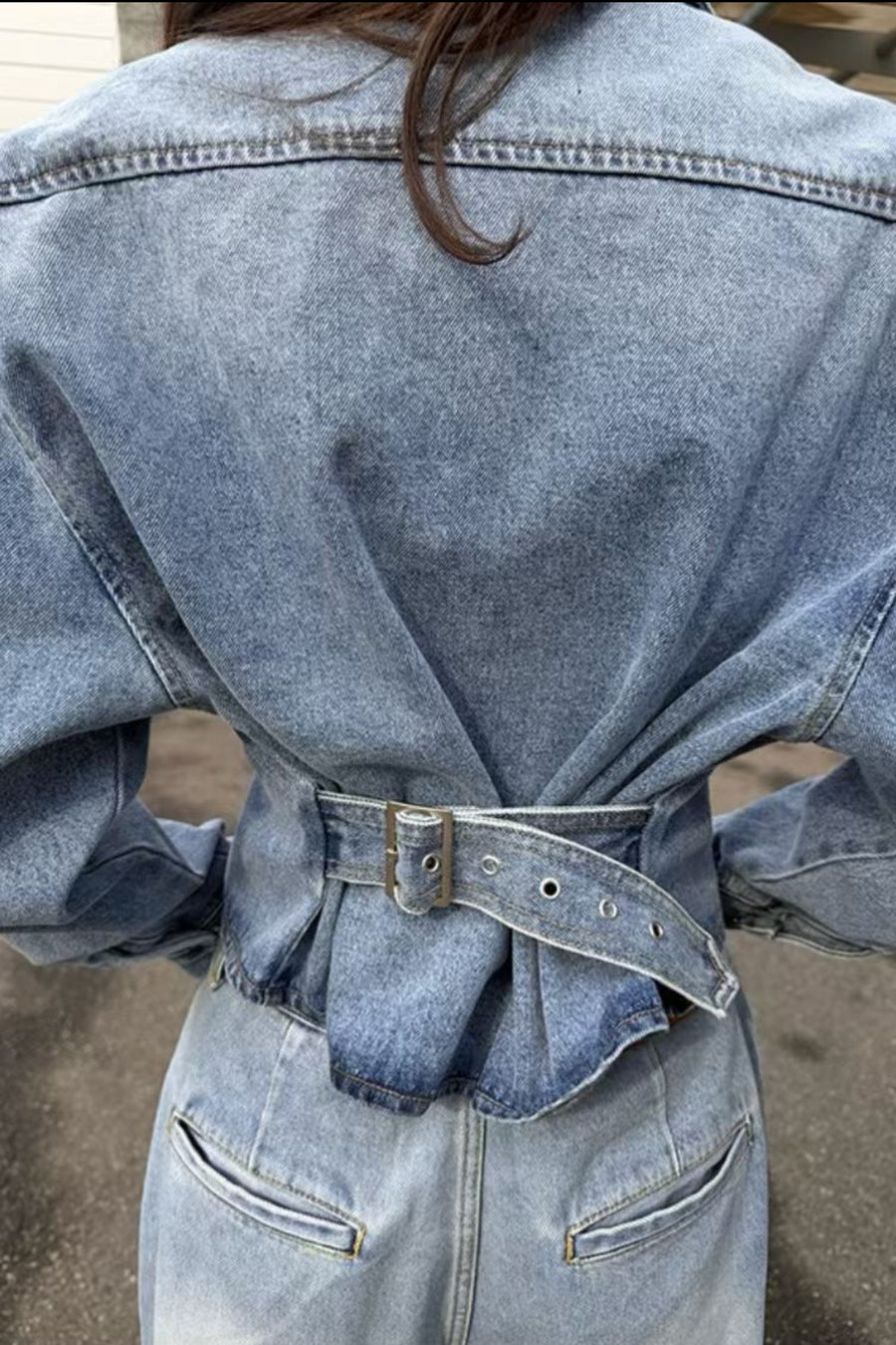Structured Shoulder Pad Cropped Denim Jacket