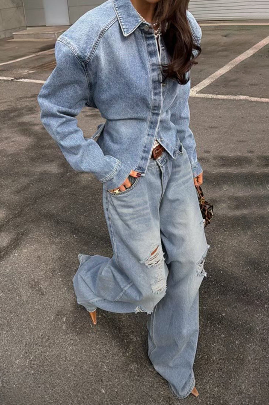 Structured Shoulder Pad Cropped Denim Jacket
