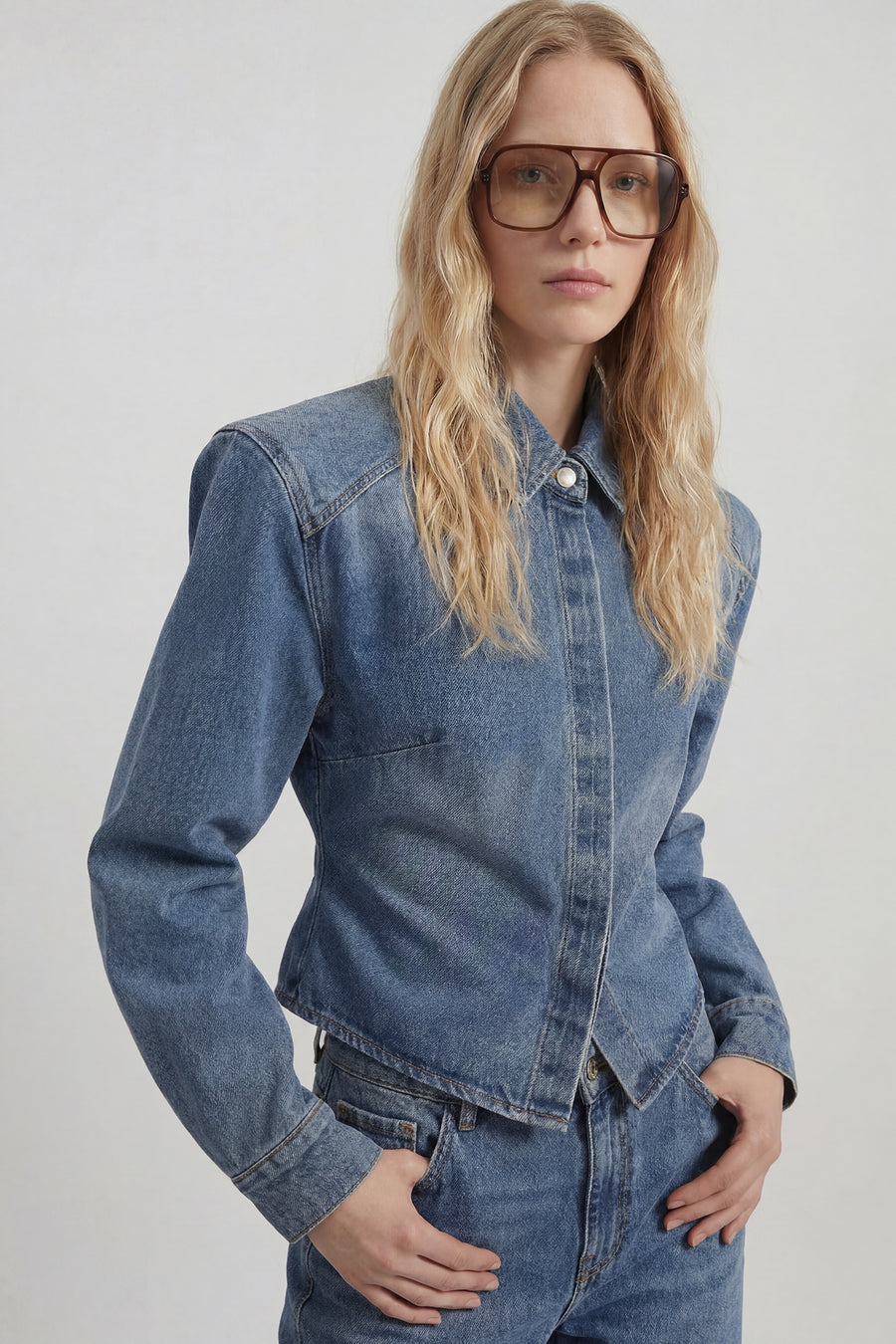 Structured Shoulder Pad Cropped Denim Jacket