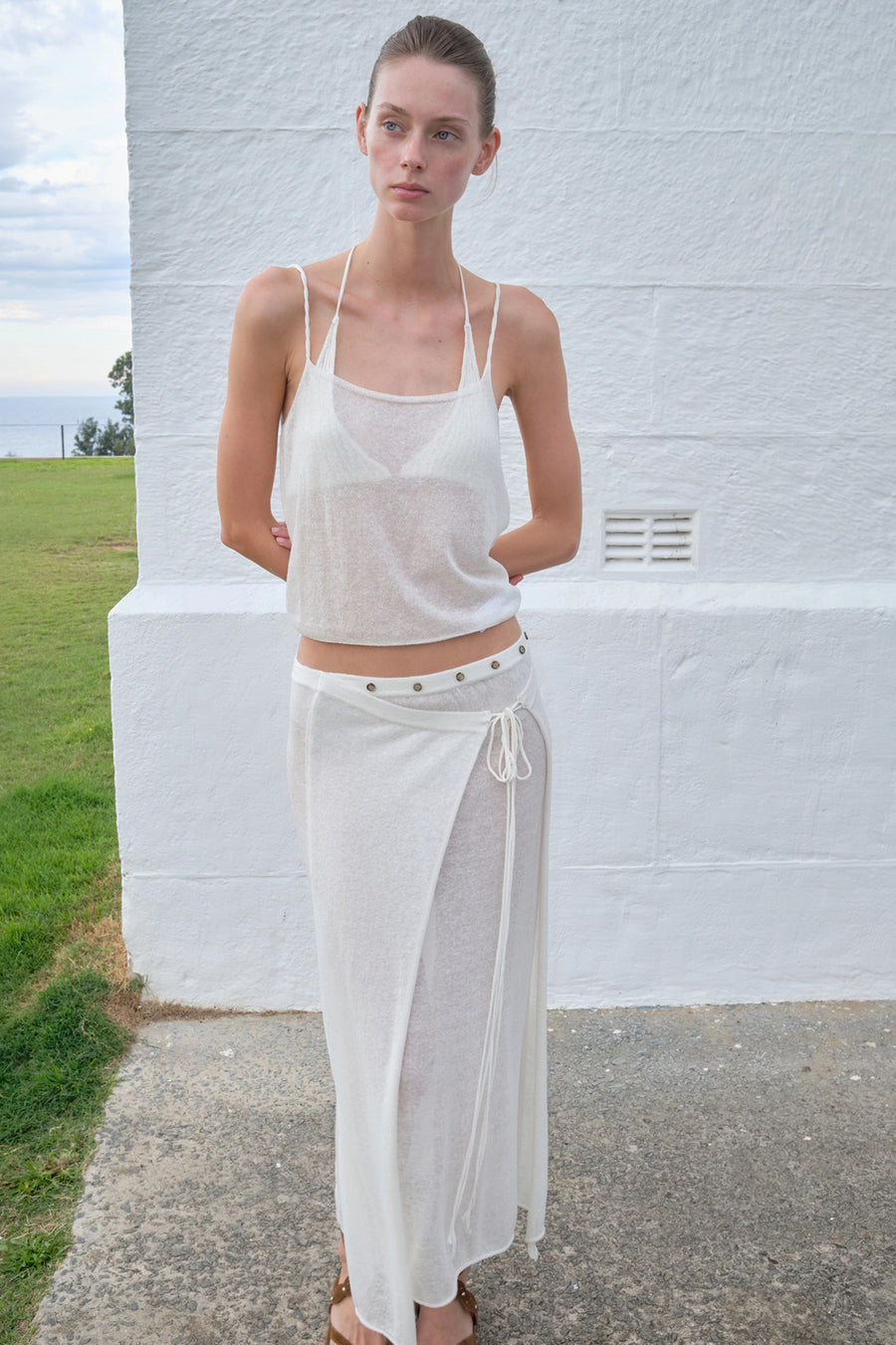 Fine-Knit Linen Wrap Skirt - Cream