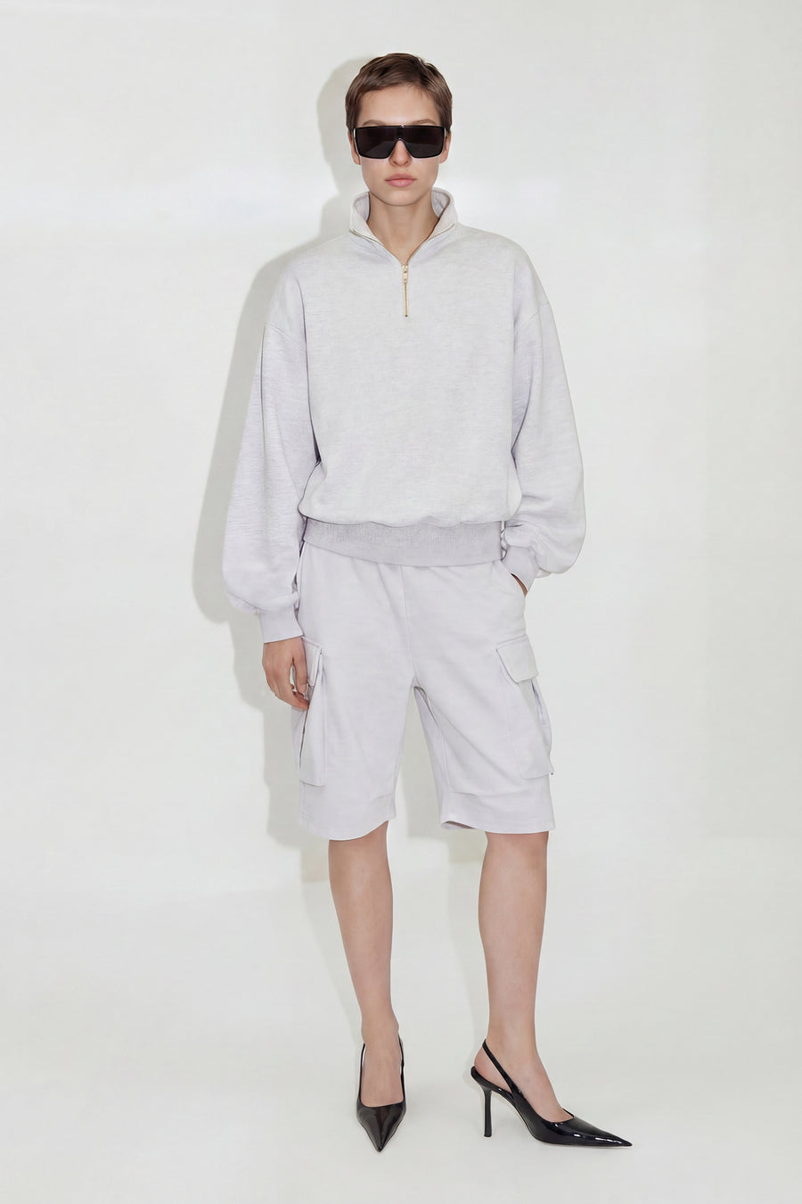 Oversized Quarter-Zip Cotton Sweatshirt - Gray
