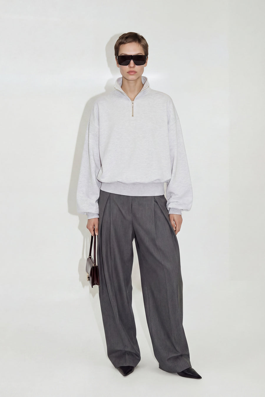 Oversized Quarter-Zip Cotton Sweatshirt - Gray