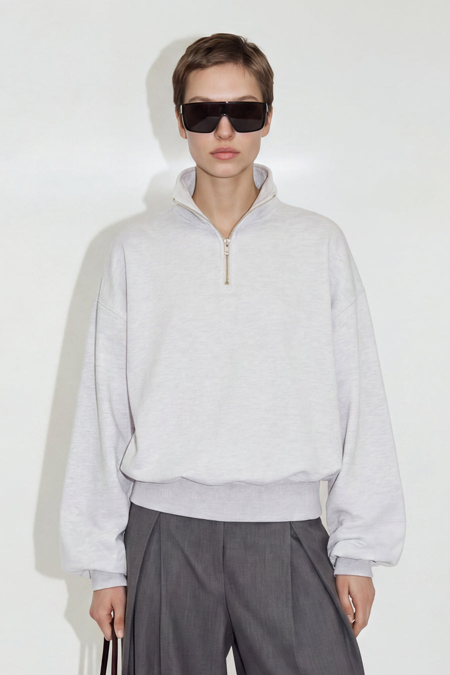 Oversized Quarter-Zip Cotton Sweatshirt - Gray