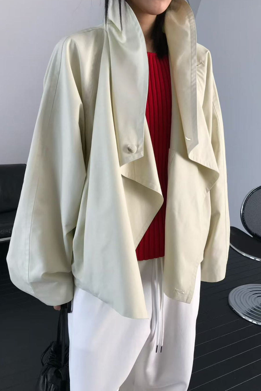 Draped Lapel Balloon Sleeve Cropped Jacket - Beige