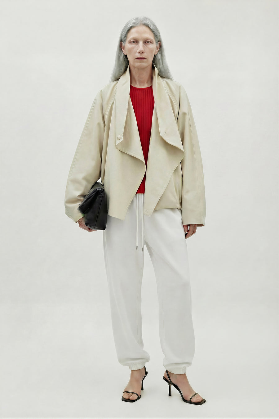 Draped Lapel Balloon Sleeve Cropped Jacket - Beige