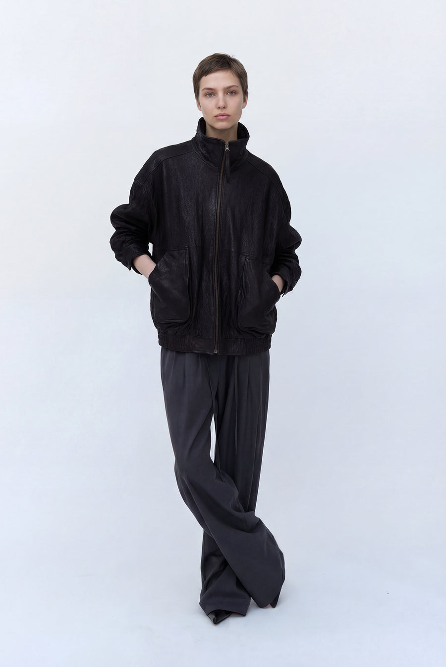 Lambskin Leather Wrinkle Jacket - Black