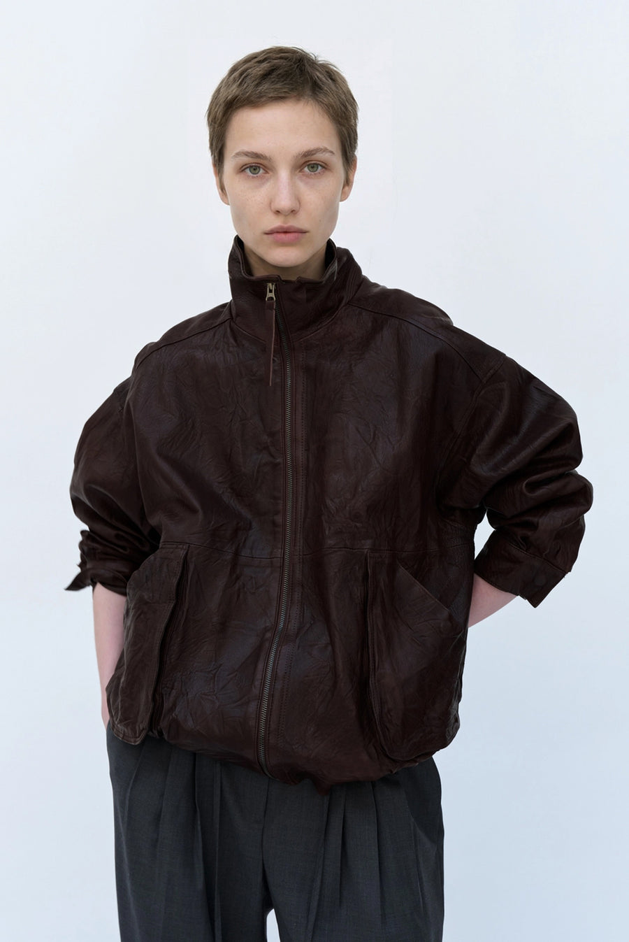 Lambskin Leather Wrinkle Jacket - Burgundy