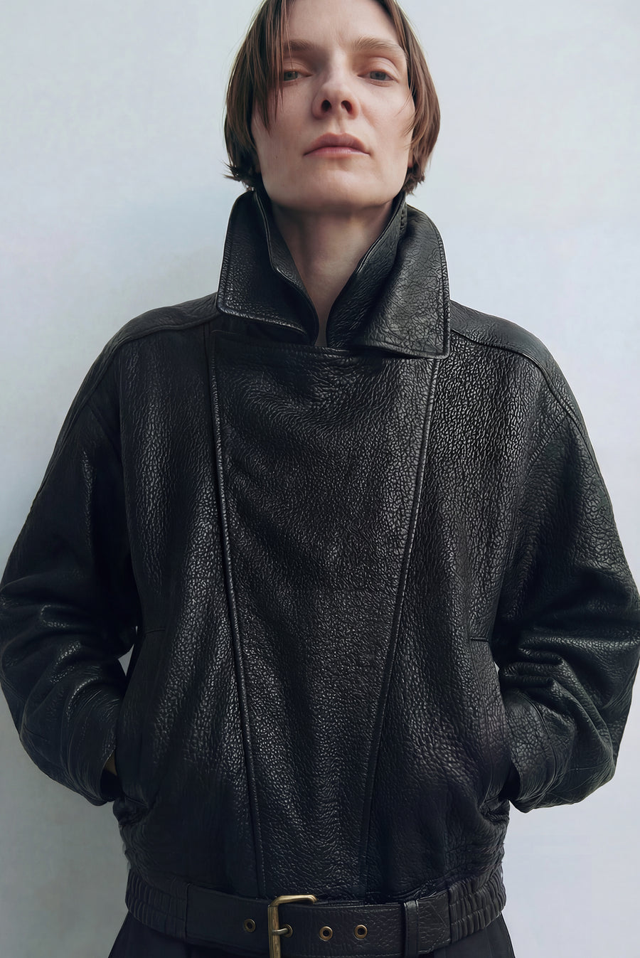 High-Collar Oversized Pebbled Leather Jacket - Black