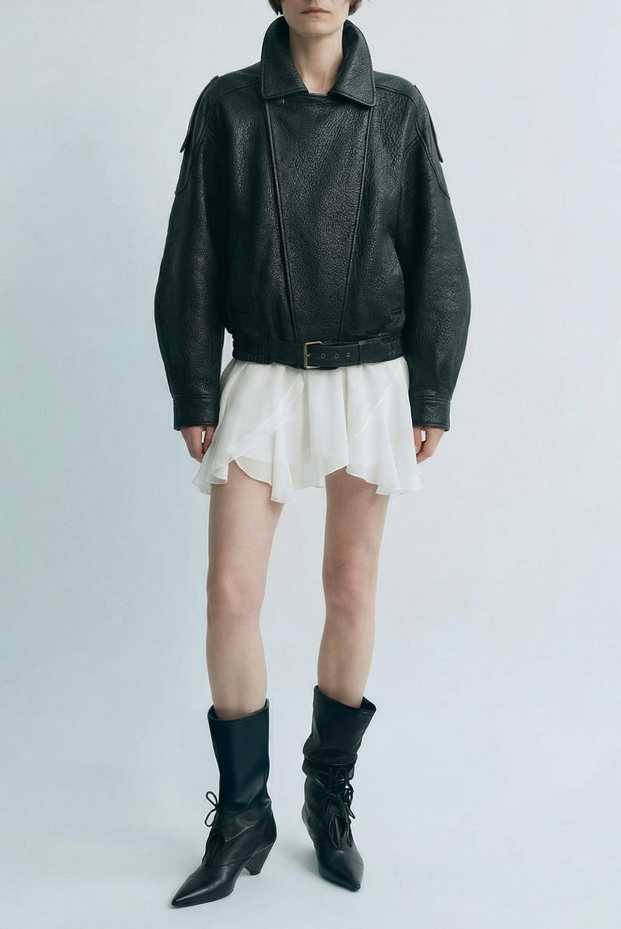 High-Collar Oversized Pebbled Leather Jacket - Black