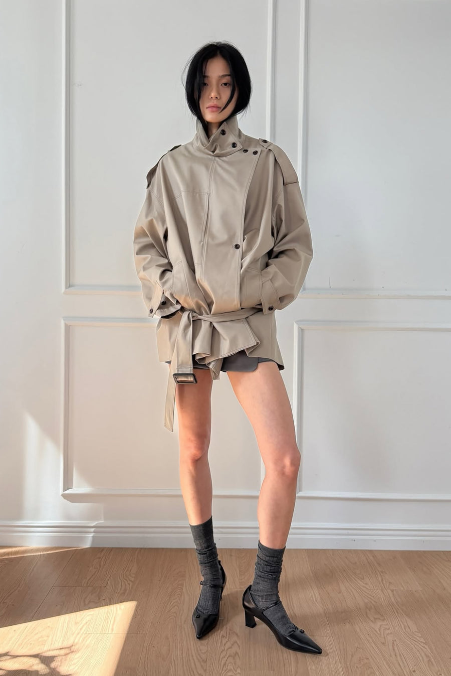 Asymmetrical Belted Trench Jacket - Khaki