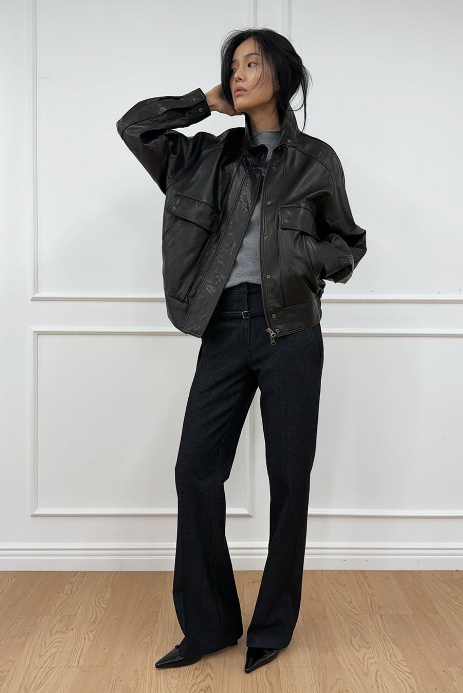 Oversized Moto Leather Jacket With Pockets