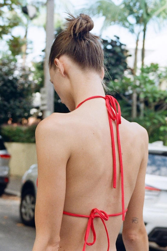 Triangle Lace-Up Beaded Bikini - Red