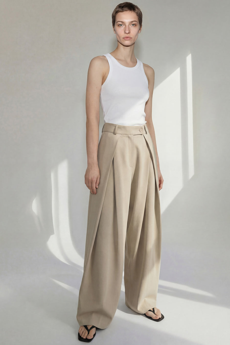 Wide Leg Reverse Pleat Trouser - Beige