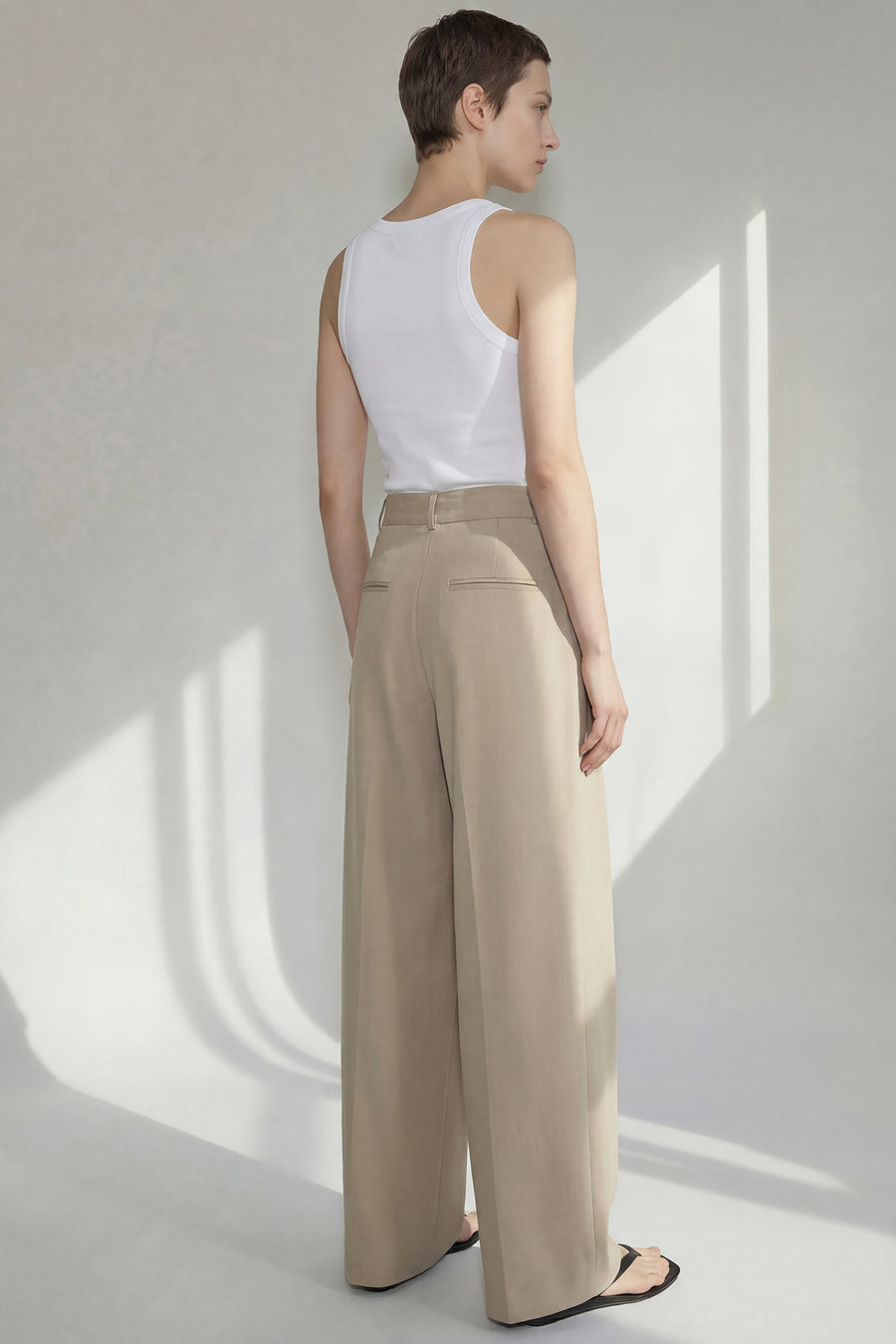 Wide Leg Reverse Pleat Trouser - Beige
