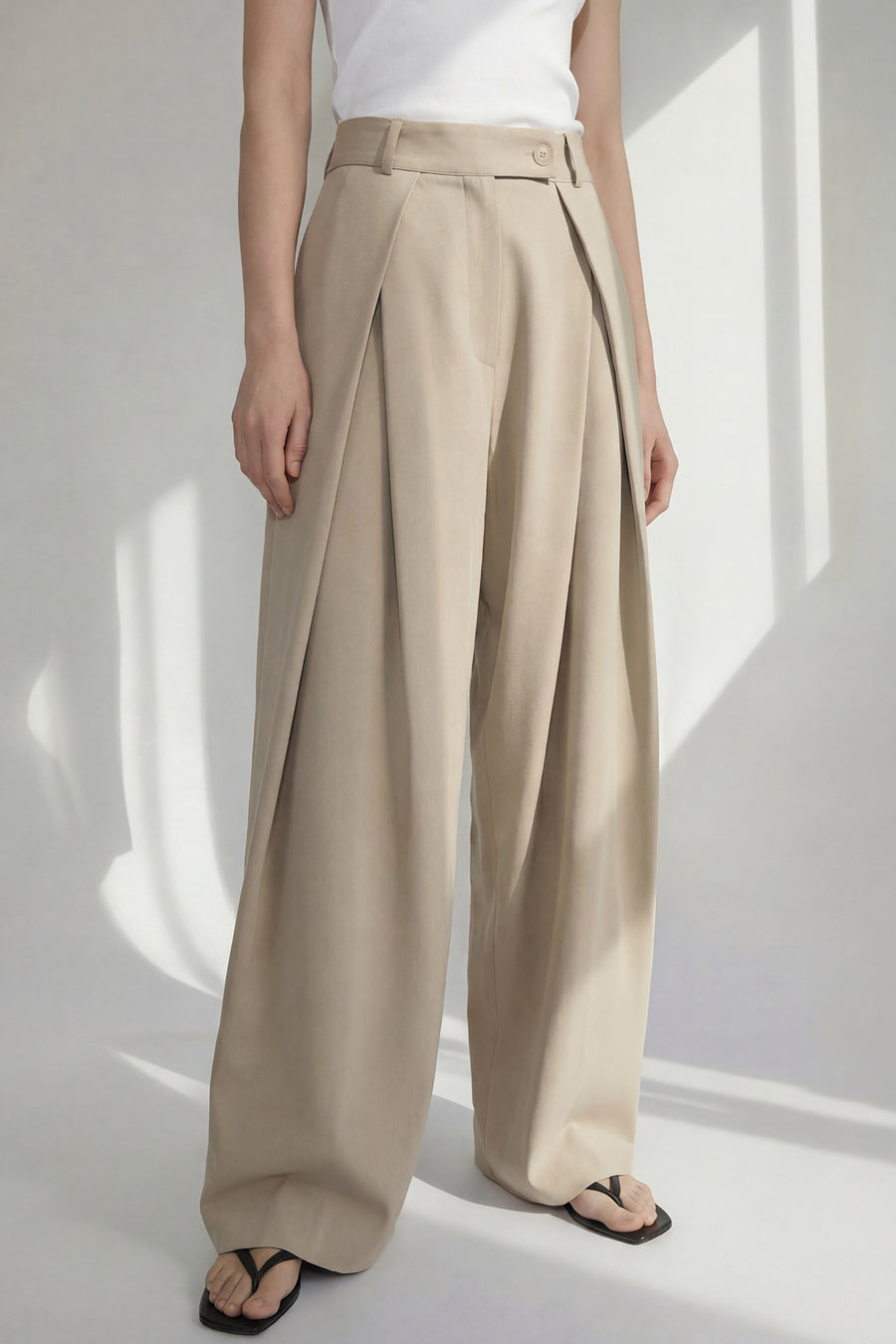 Wide Leg Reverse Pleat Trouser - Beige