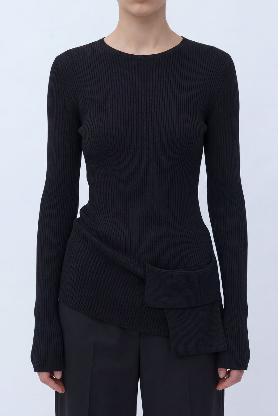 Ribbed Pocket Knit Long Sleeve Top - Black