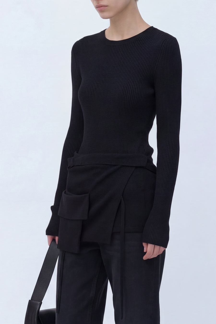 Ribbed Pocket Knit Long Sleeve Top - Black