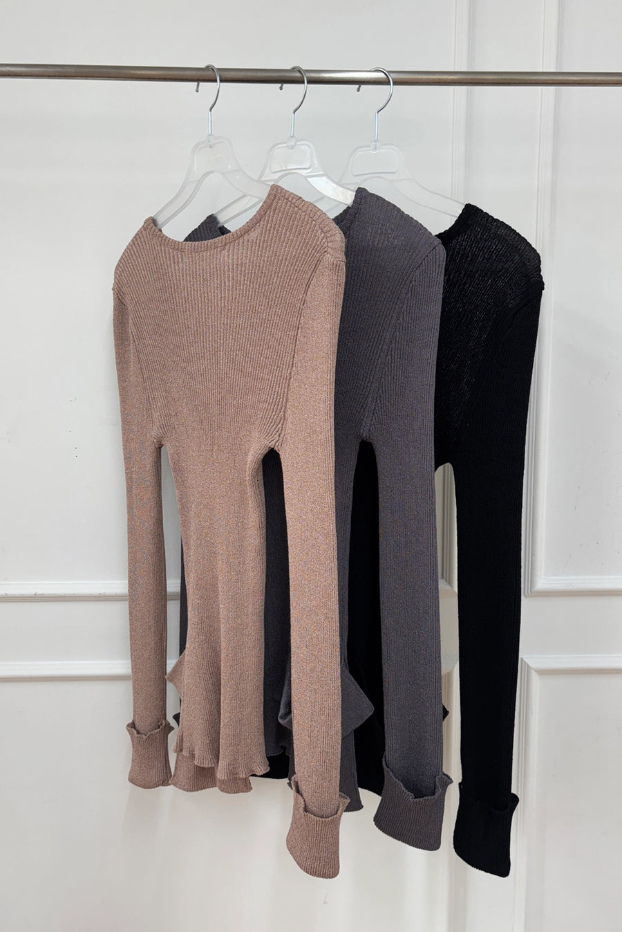 Ribbed Pocket Knit Long Sleeve Top - Gray