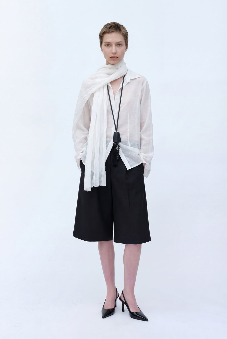 Sheer Scarf Textured Button-Up Shirt - White