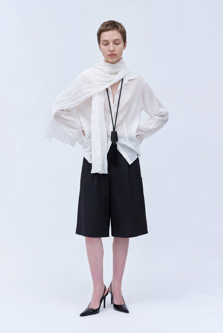Sheer Scarf Textured Button-Up Shirt - White