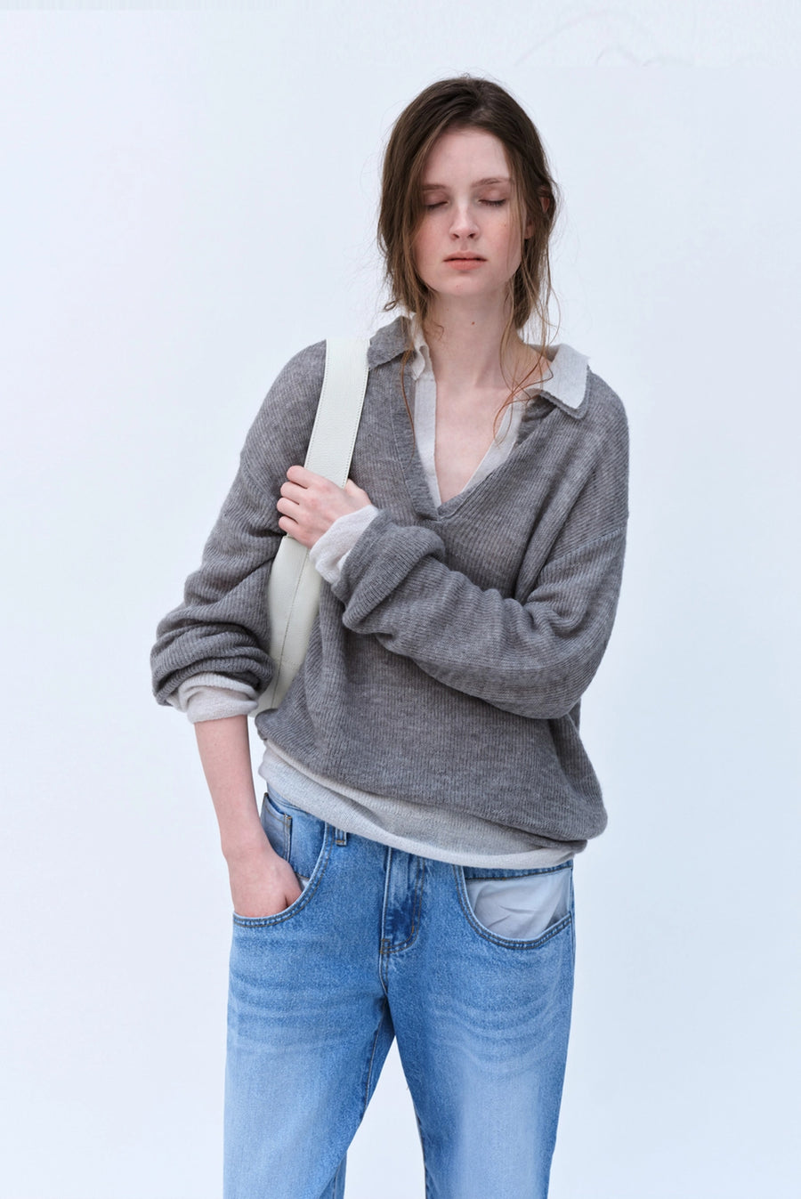 Sheer V-Neck Knit Sweater - Silver