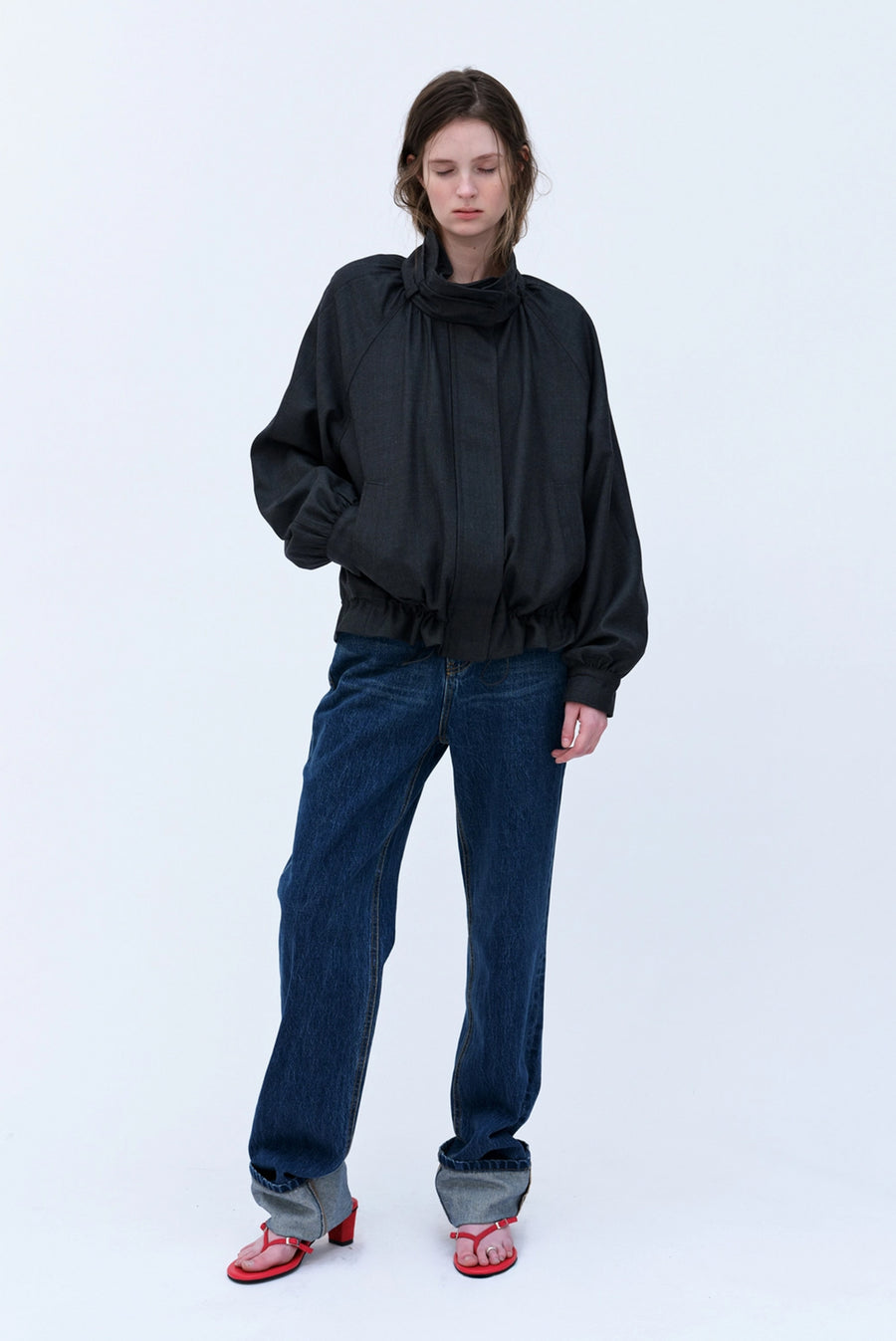 High-Collar Bomber Jacket Gathered Hem - Black