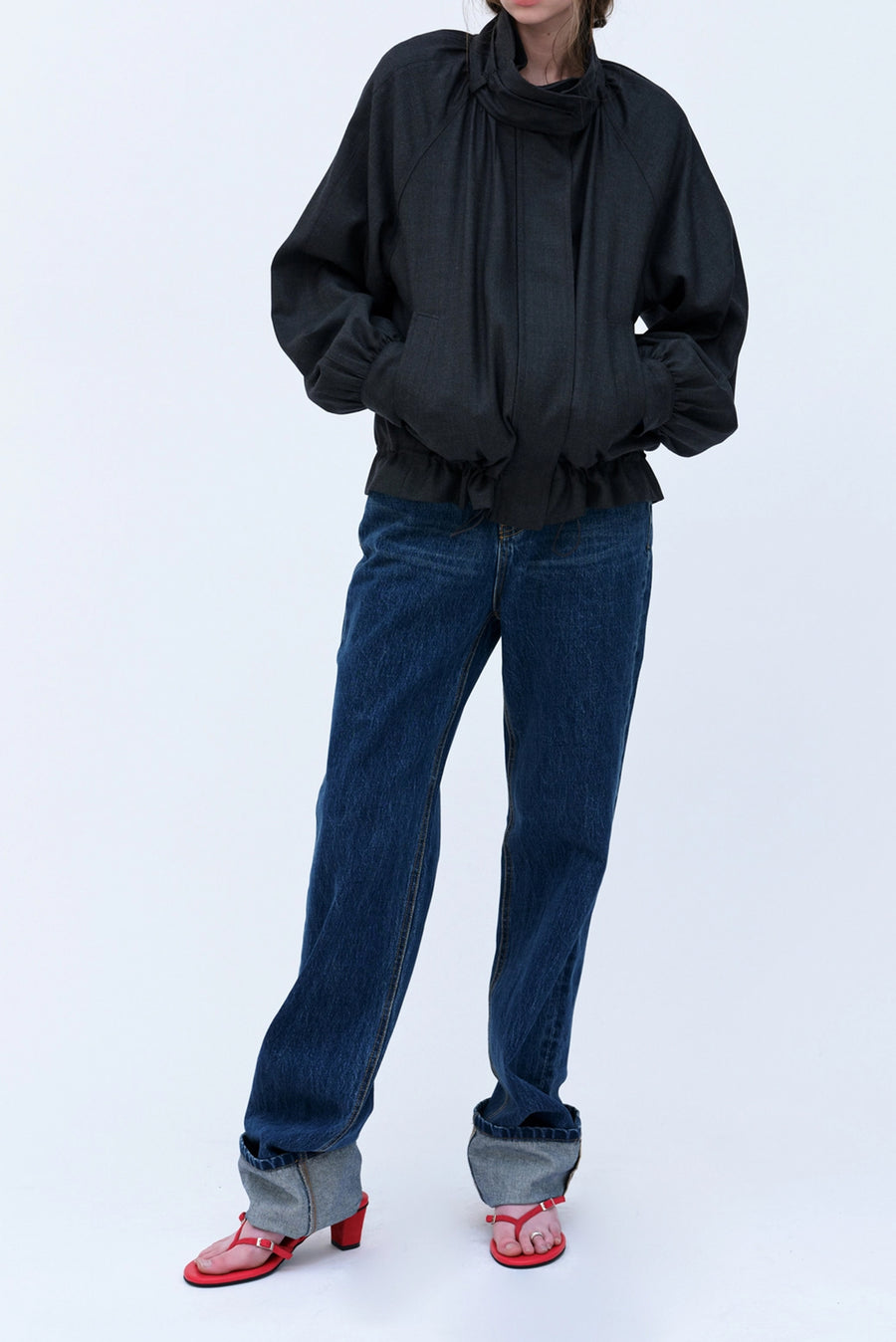 High-Collar Bomber Jacket Gathered Hem - Black