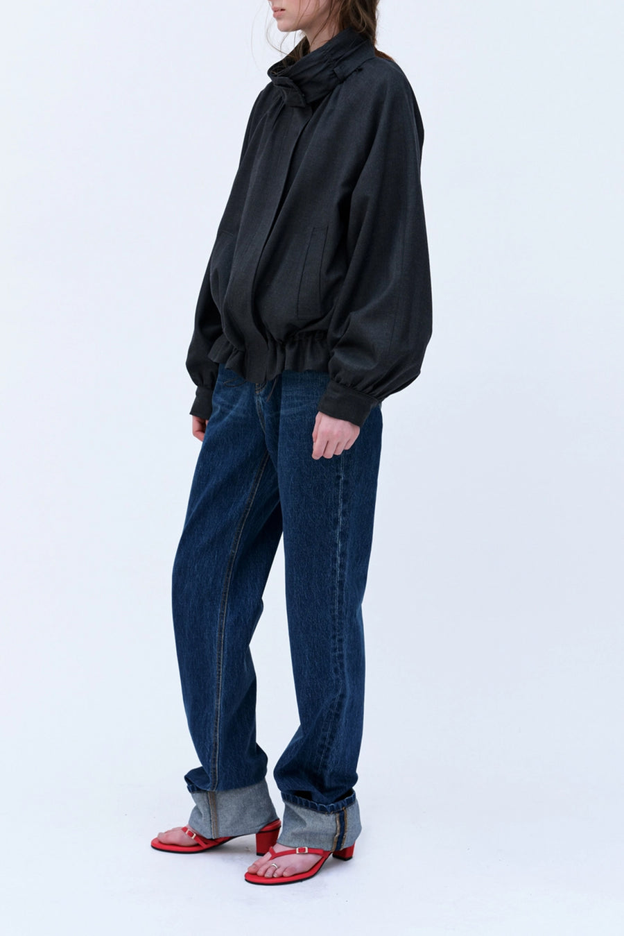 High-Collar Bomber Jacket Gathered Hem - Black
