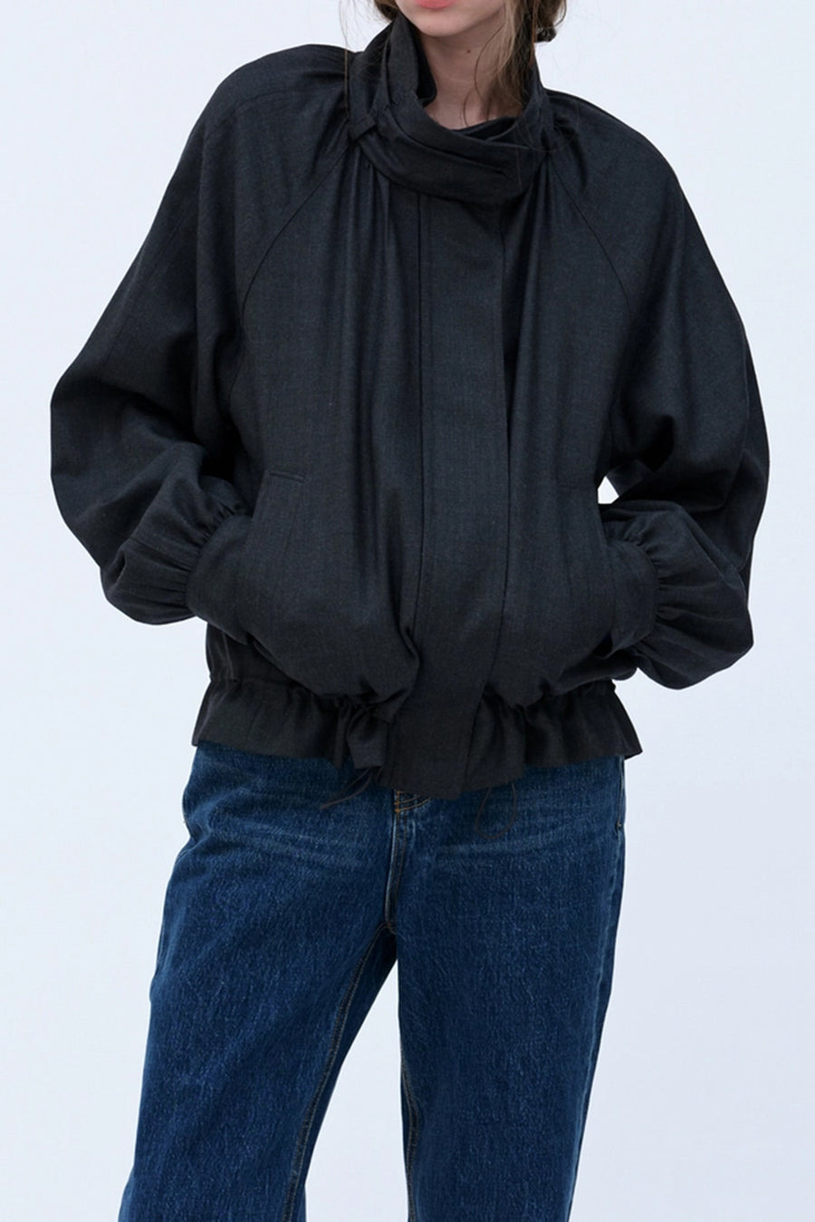 High-Collar Bomber Jacket Gathered Hem - Black