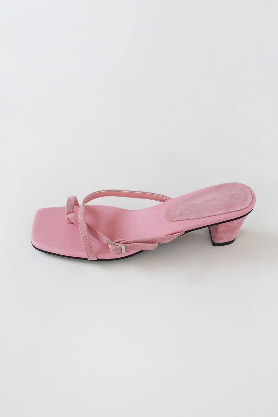 Suede Leather T-Strap Mid-Heel Sandals - Pink